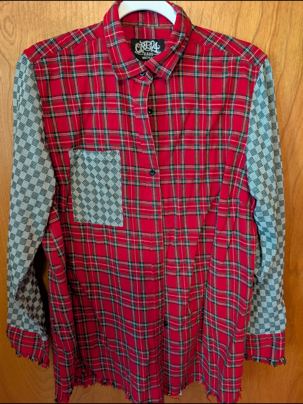 Women's Red Plaid Button-Down Shirt with Contrasting Sleeves